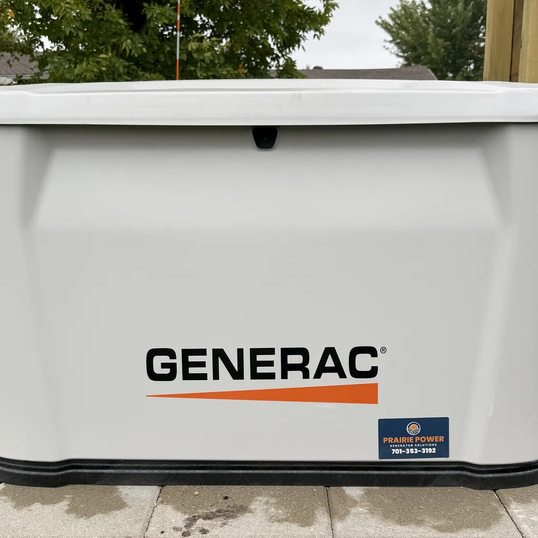 Close view of a newly commissioned Generac home standby generator in Wahpeton, North Dakota